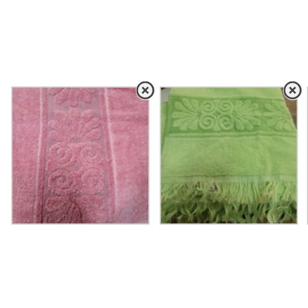2 vintage Monticello pINK AND green bath towels fringed  Lime 1970s bathroom
